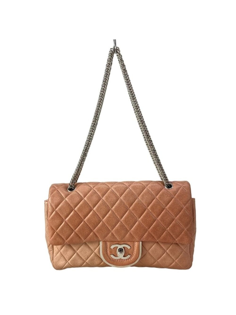 Chanel Shoulder Bag Double Flap Quilted Pink Beige Chain Silver Lambskin